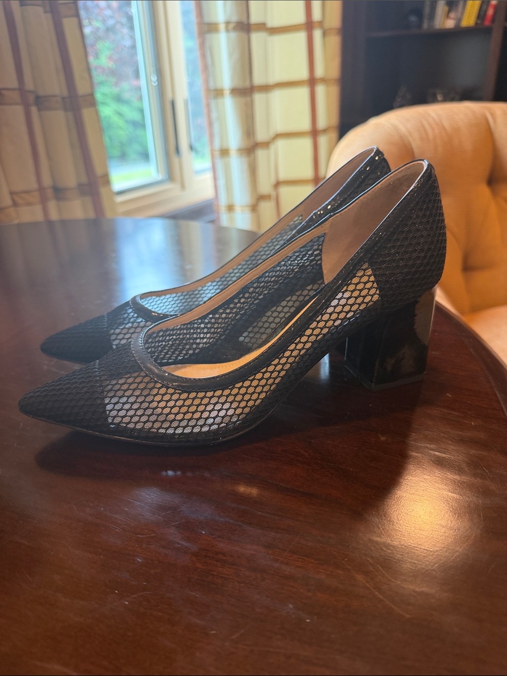 Marc Fisher Black Mesh Pointed Block Heel Pumps